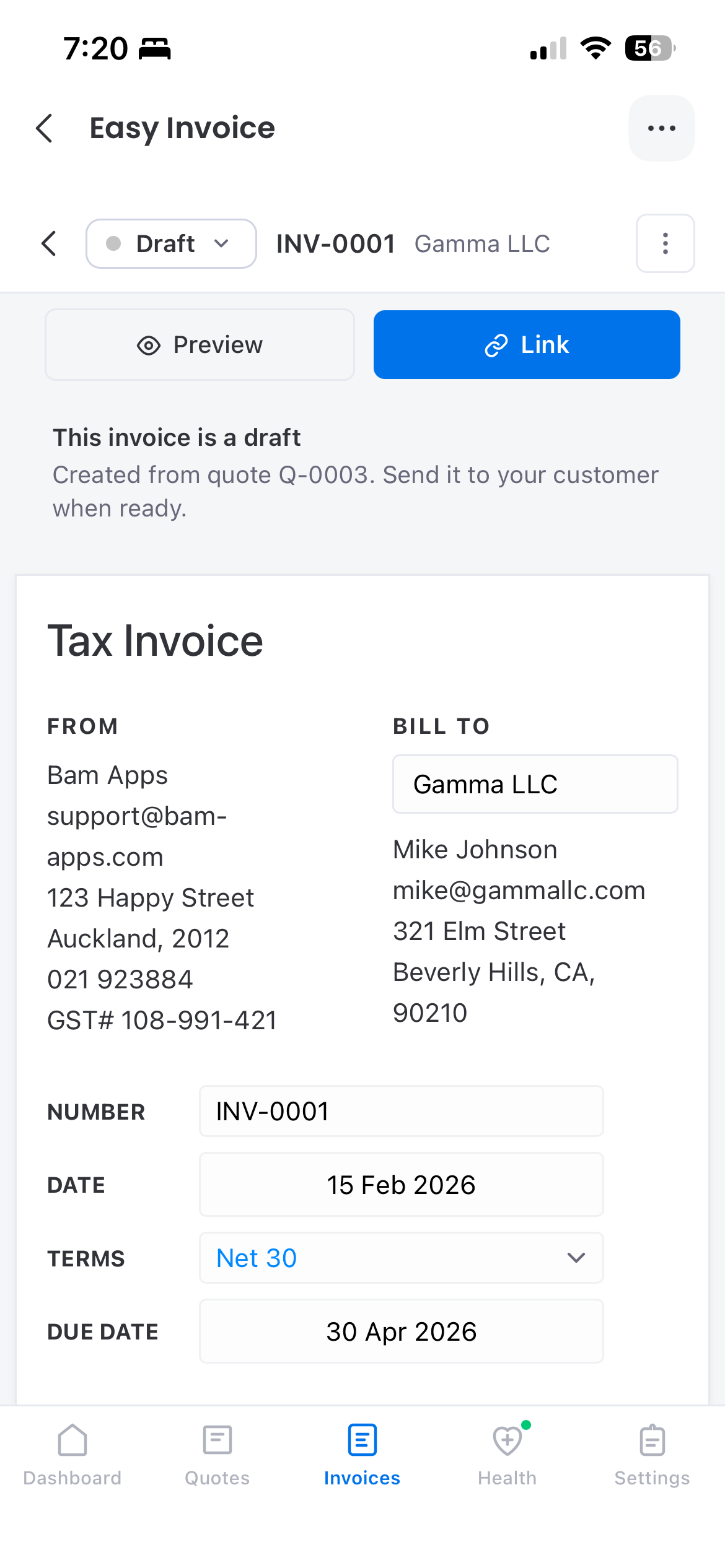 Mobile invoice editor showing a tax invoice with FROM and BILL TO panels and a Preview / Link toolbar