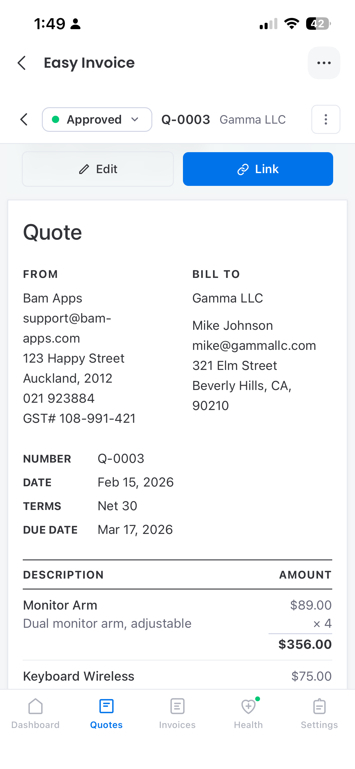 Mobile quote view with a Preview/Link toolbar and an Approved status badge