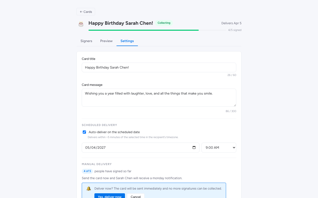 Deliver Now confirmation dialog