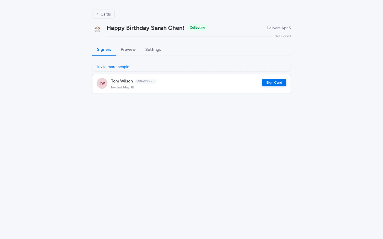 Card detail tabs — Signers, Preview, Settings