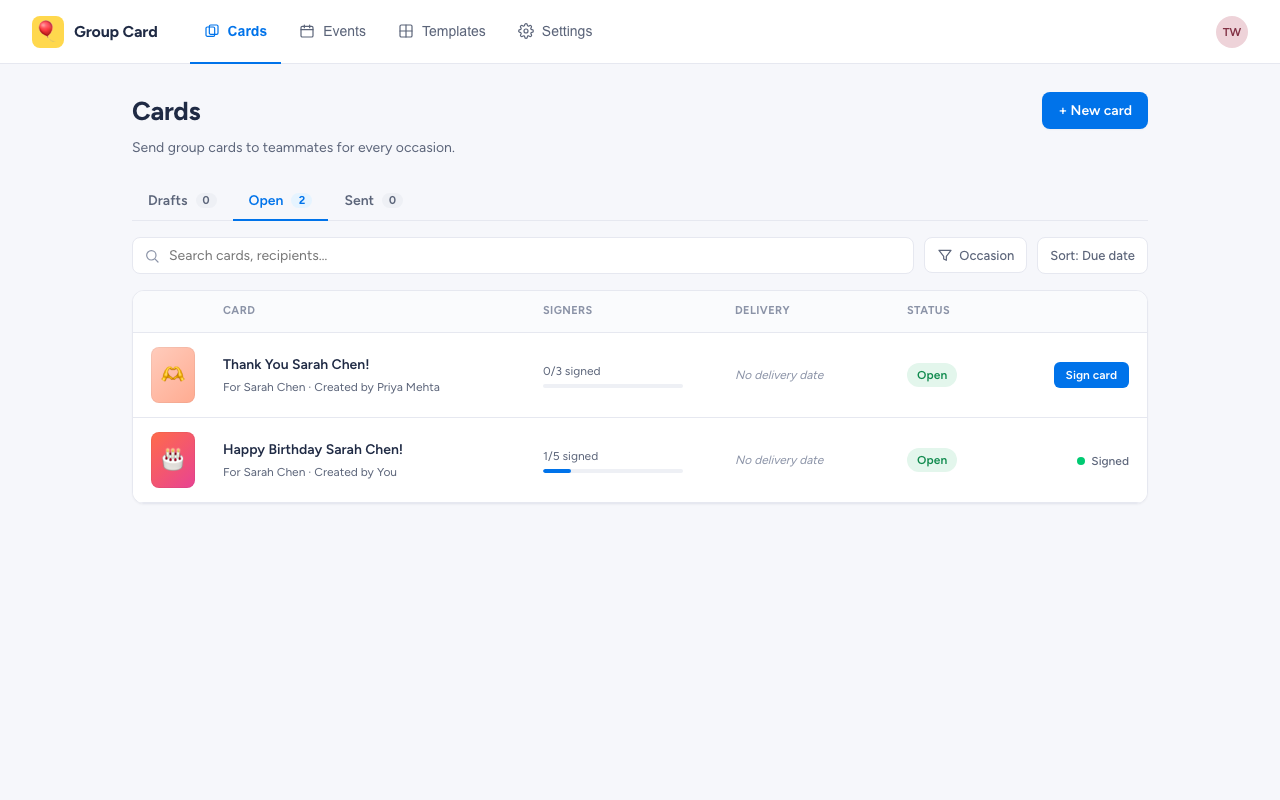 Group Card's four-tab top nav — Cards, Events, Templates, Settings