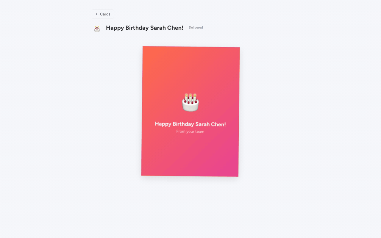 Recipient opening their delivered card — flip, confetti, and messages