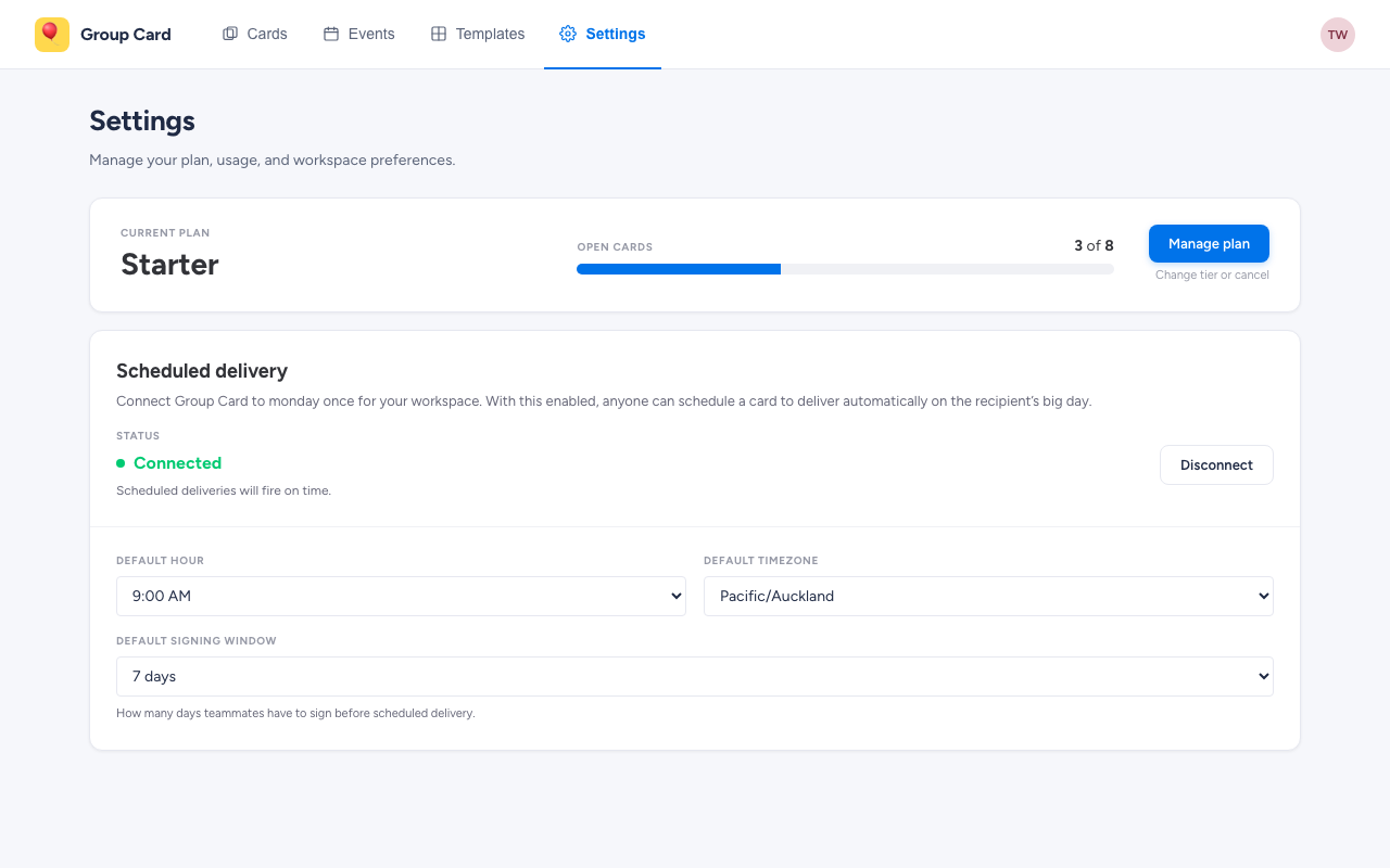 Workspace Settings page on the Starter plan