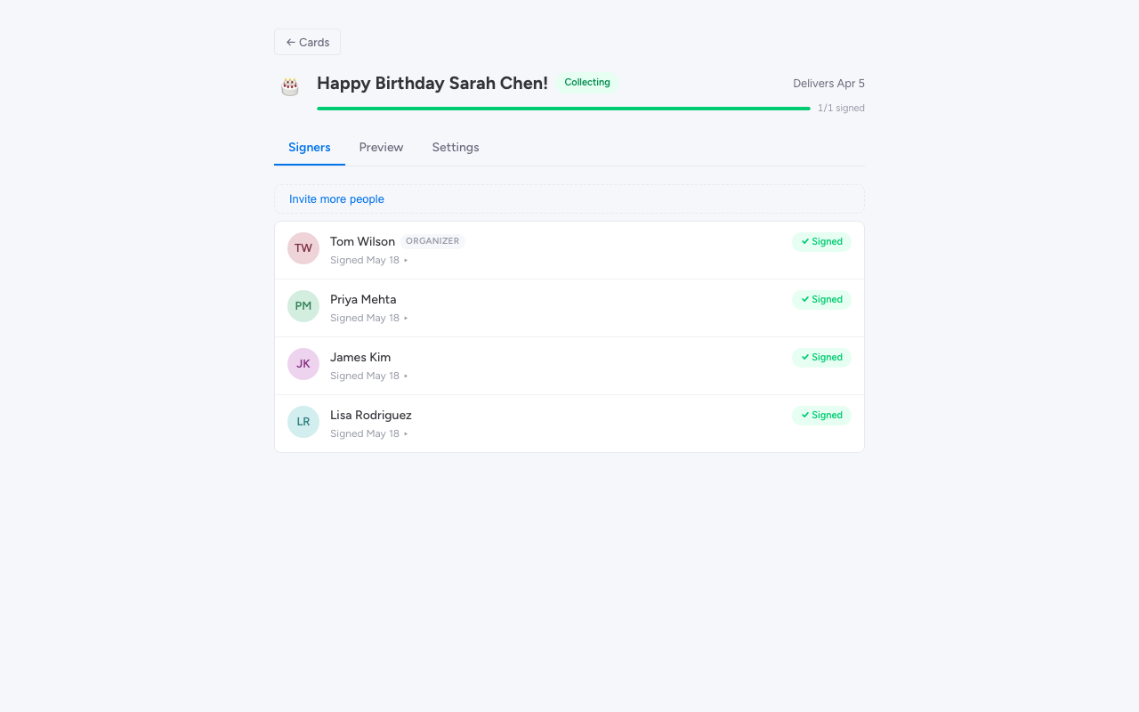 Organizer dashboard — Signers tab
