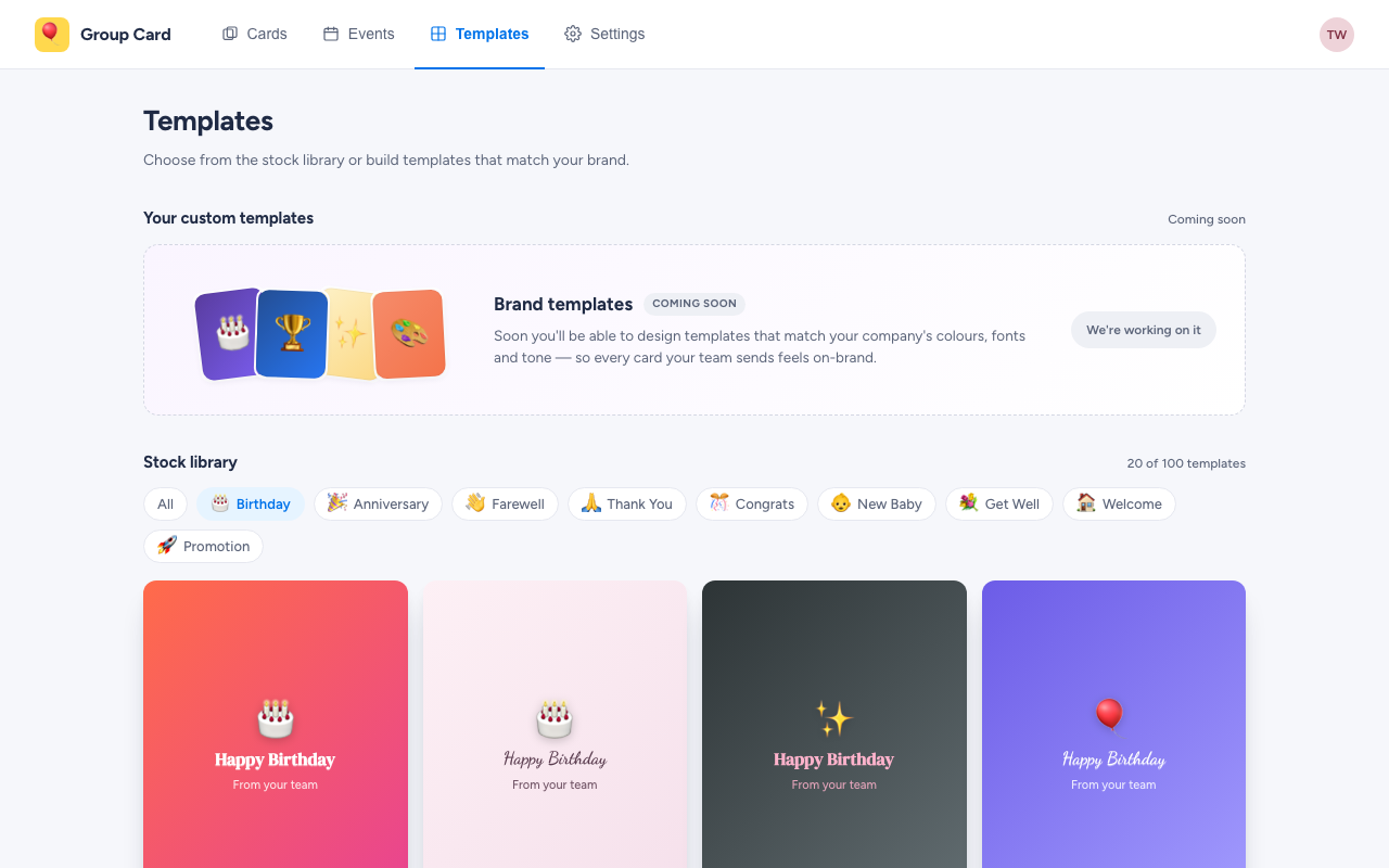Templates page filtered to Birthday only